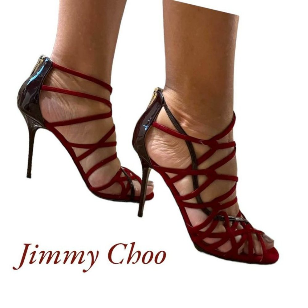 JIMMY CHOO FISCAL SUEDE & PATENT LEATHER STRAPPY STILETTO SANDALS (37.5)